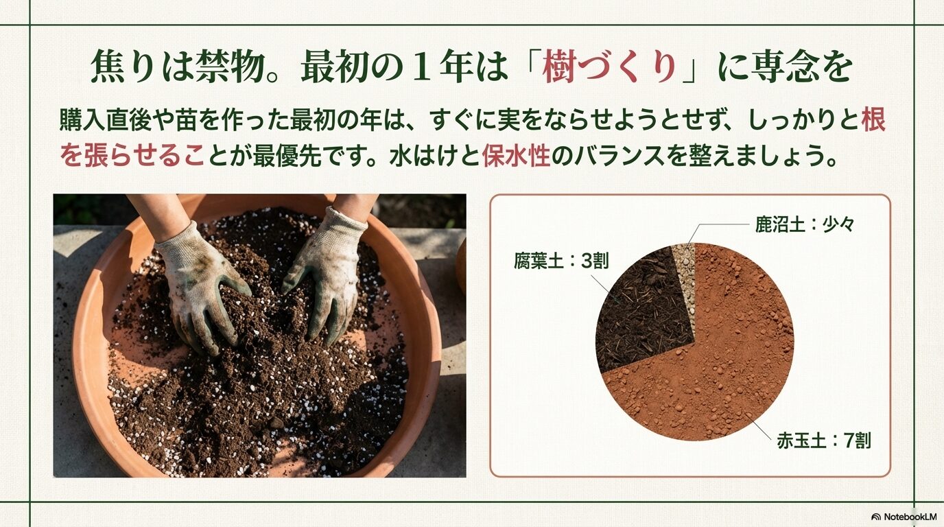 最初の1年はライチの樹づくりに専念するための土の配合の写真と解説