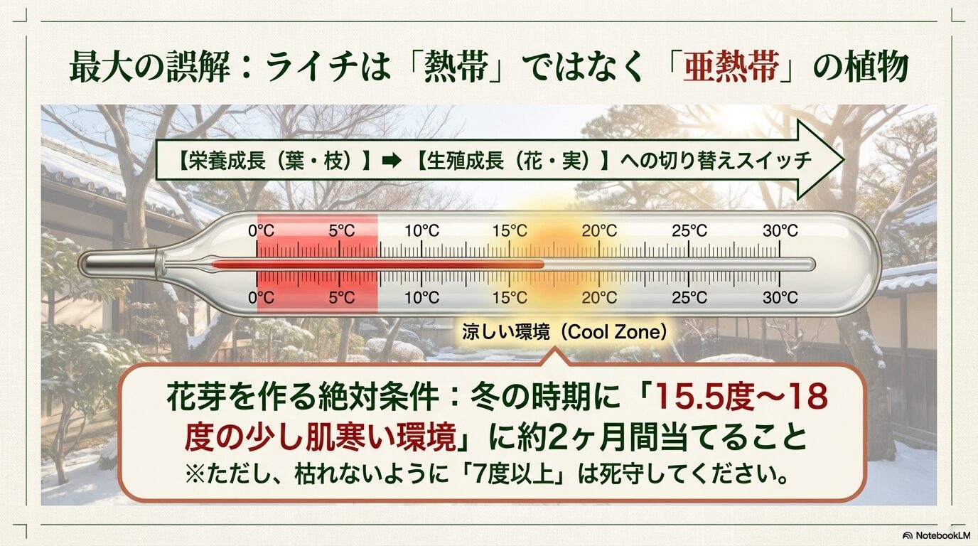 ライチが花芽を作るための亜熱帯特有の温度管理と切り替えスイッチを温度管理のグラフで表現