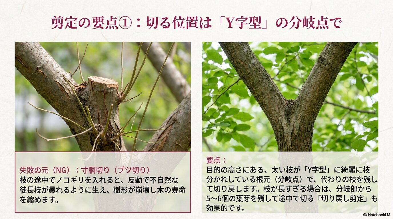 寸胴切りを避け、太い枝がY字型に枝分かれしている分岐点で切るシモクレンの強剪定の位置