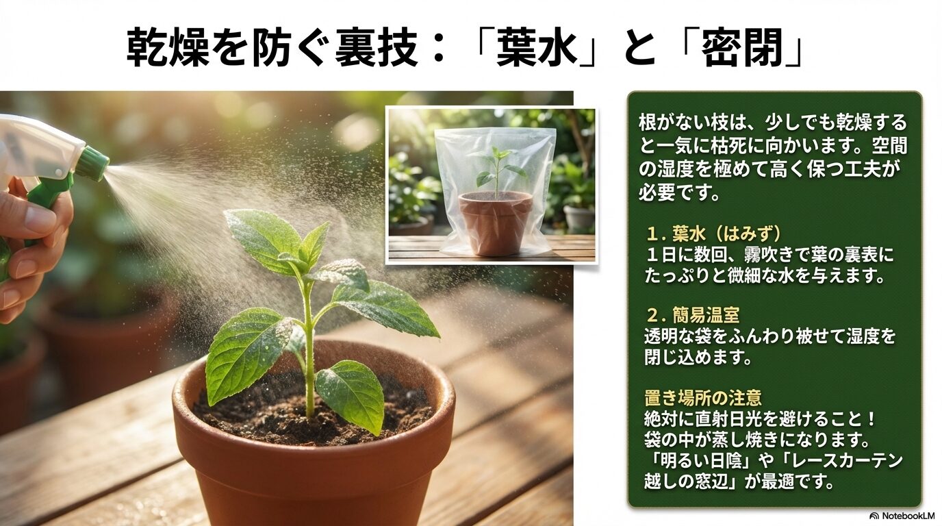 乾燥を防ぐ裏技として、霧吹きで微細な水を与える葉水と、透明な袋を被せる簡易温室（密閉挿し）のやり方
