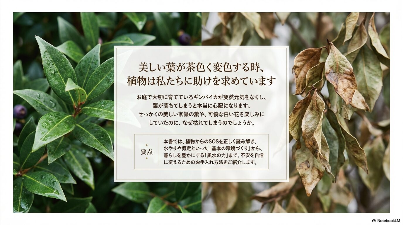 美しい葉が茶色く変色する時、植物は私たちに助けを求めています 。植物からのSOSを正しく読み解き、水やりや剪定といった基本の環境づくりから風水の力までのお手入れ方法の要点 。