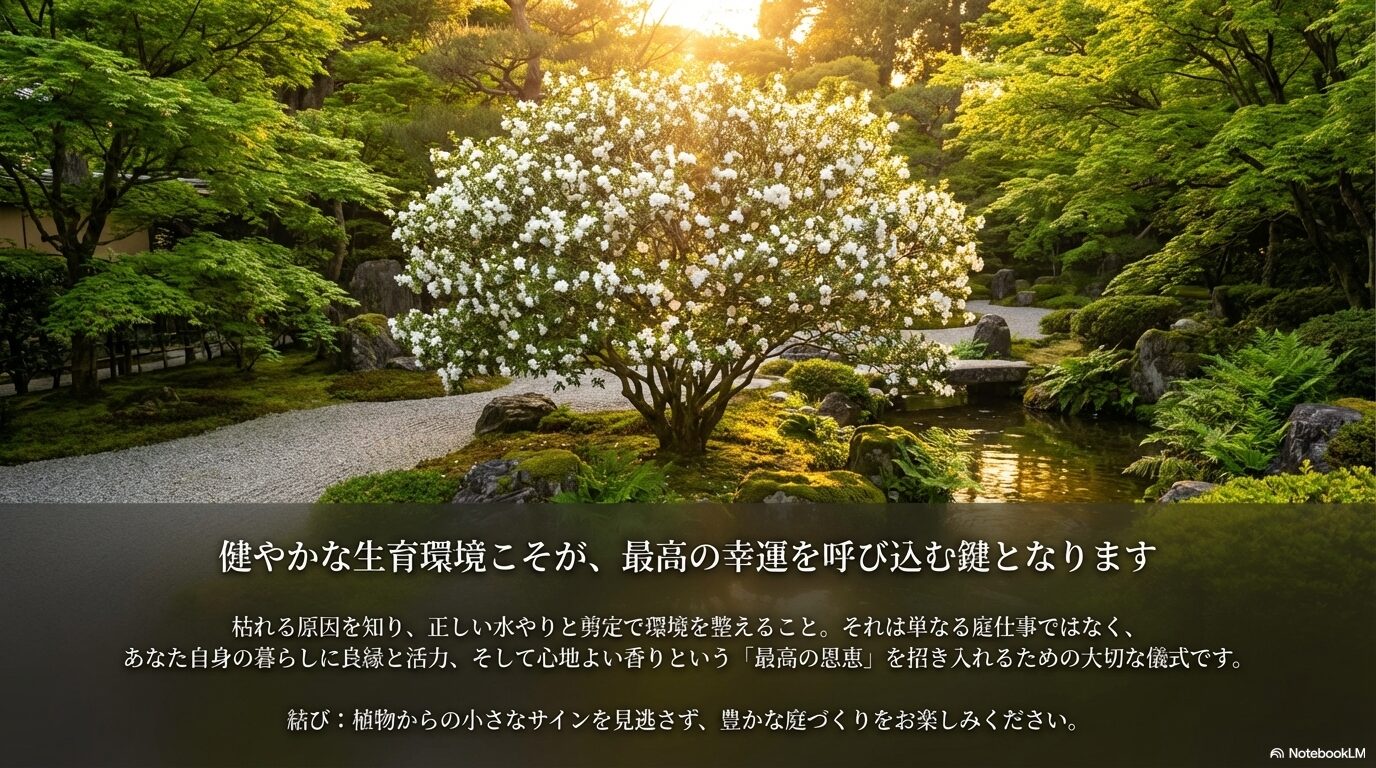 健やかな生育環境こそが、最高の幸運を呼び込む鍵 。枯れる原因を知り、正しい水やりと剪定で環境を整えることで最高の恩恵を招き入れる 。