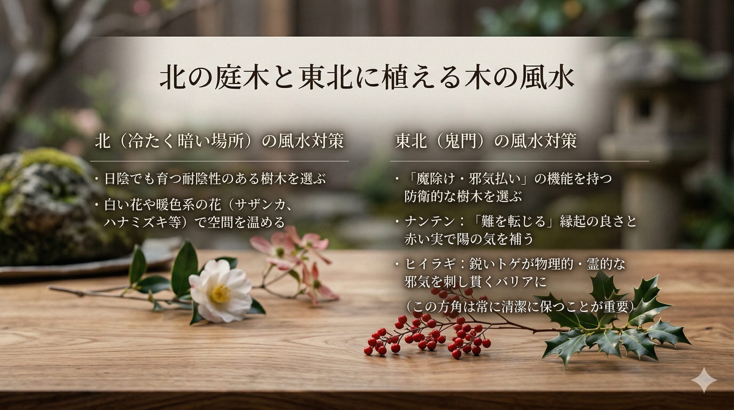 北側と東北（鬼門）の庭木風水についてまとめた解説スライド。北にはサザンカなどの明るい花、東北には南天や柊などの魔除けの木を植えるポイントを上品な雰囲気で紹介。