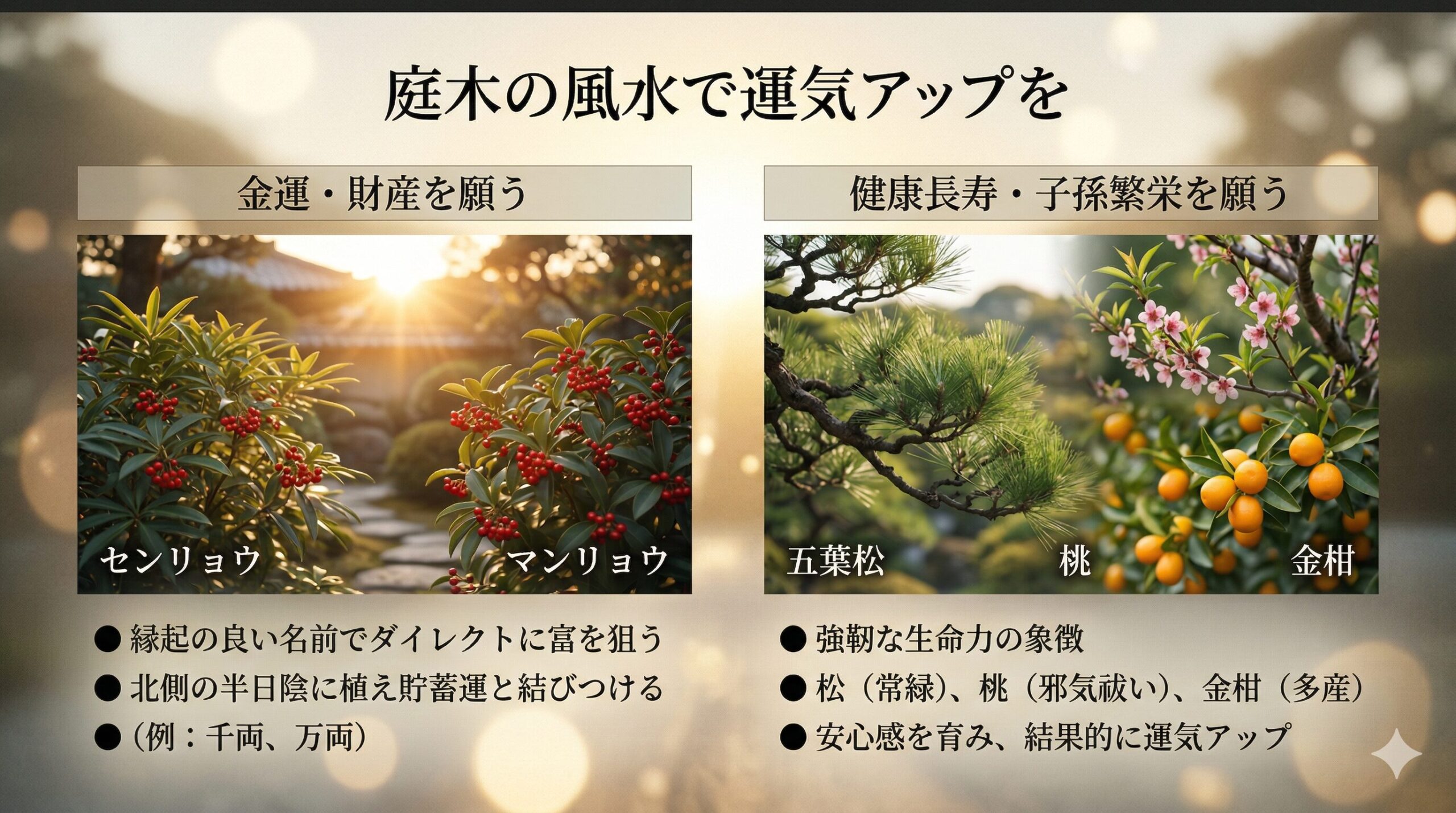 庭木の風水で運気アップを目指すための、金運・財産（千両・万両）と健康長寿・子孫繁栄（松・桃・金柑）について要点をまとめた日本語のスライド画像