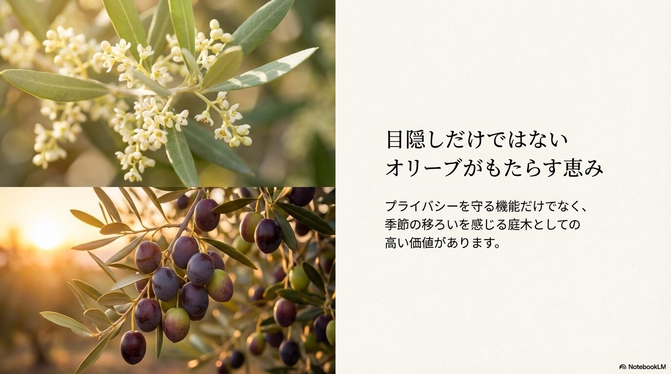 プライバシーを守る機能だけでなく、季節の移ろいを感じさせる庭木としてのオリーブの価値