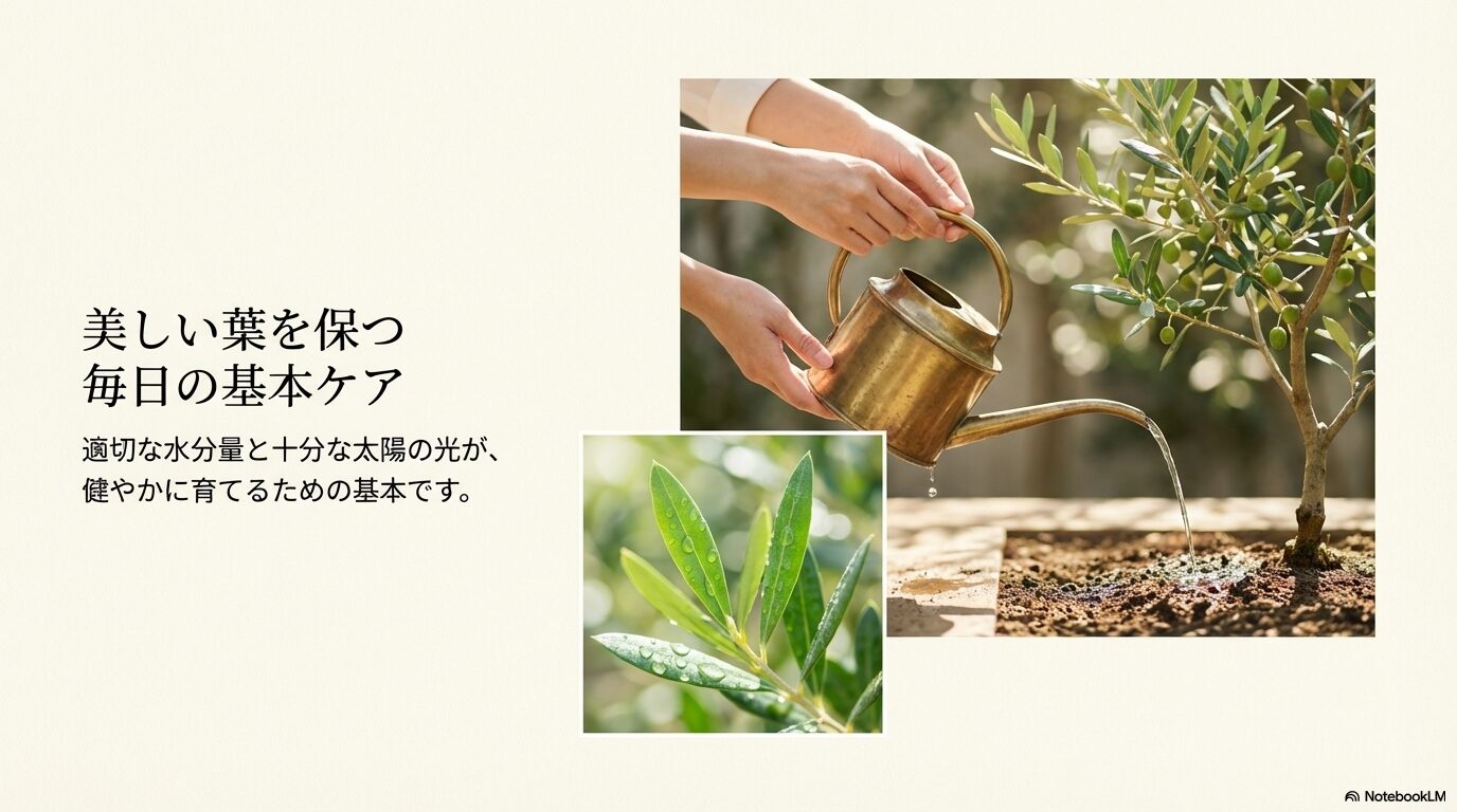 健やかなオリーブを育てるための基本となる、適切な水分量と太陽の光を浴びる様子