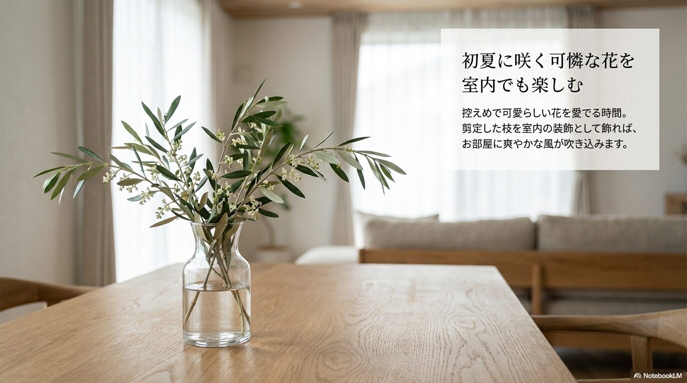 剪定したオリーブの枝を室内の装飾として飾り、控えめで可愛らしい花を楽しむ様子