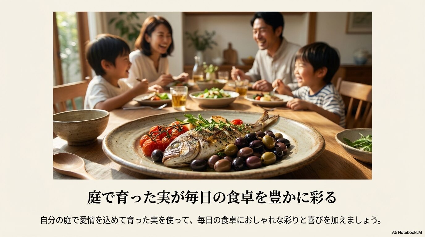 自分の庭で愛情を込めて育てたオリーブの実を使って、毎日の食卓を豊かに彩る家族団らんの様子