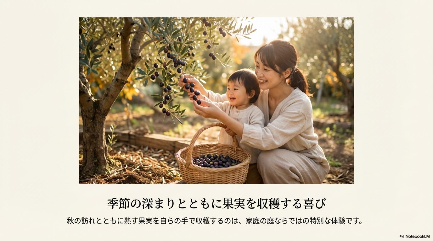 季節の深まりとともに熟したオリーブの果実を、庭で子どもと一緒に手摘みで収穫する喜びの風景
