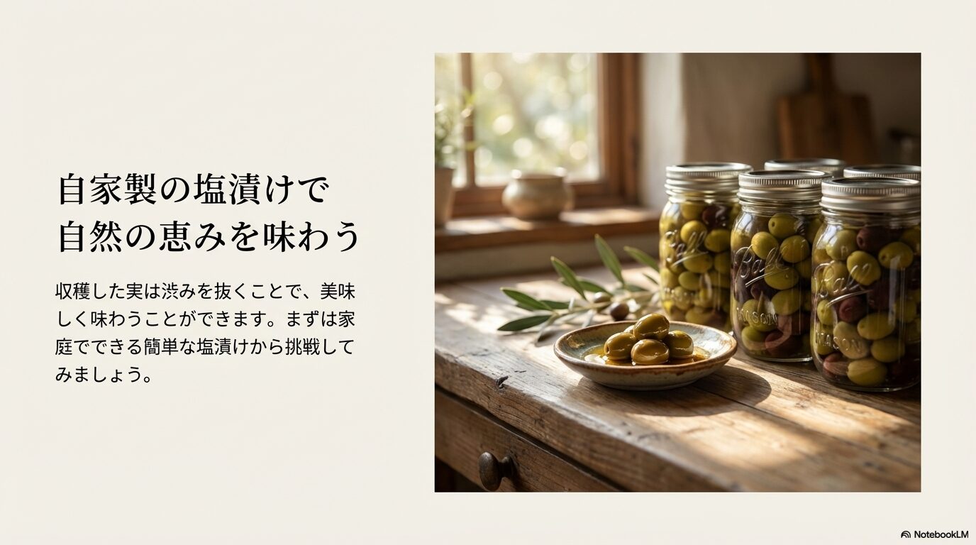庭で収穫し渋抜きをしたオリーブの実を、家庭で美味しく味わうための手作りの塩漬け瓶