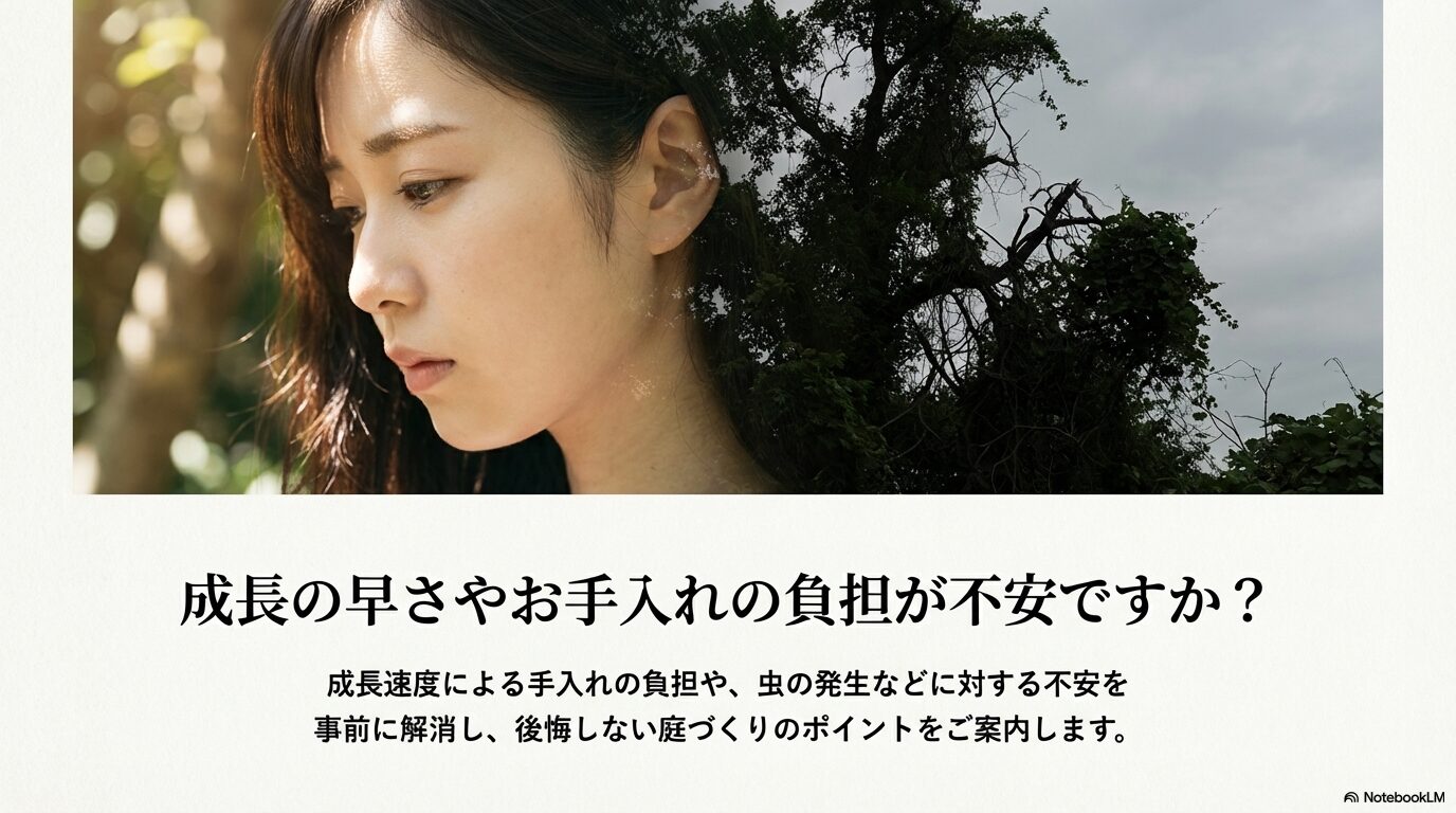 オリーブの成長スピードの早さや、手入れの負担・虫の発生に対する不安を抱えるイメージ