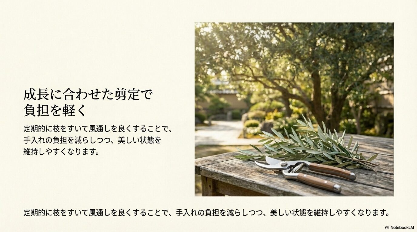 定期的に枝をすいて風通しを良くし、手入れの負担を減らすための剪定バサミと切り落としたオリーブの枝