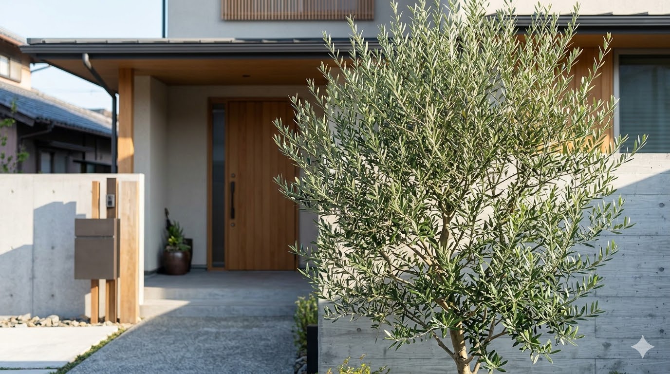 玄関先のアプローチに植えられた、風水で邪気払いの効果があるスタイリッシュなオリーブの木