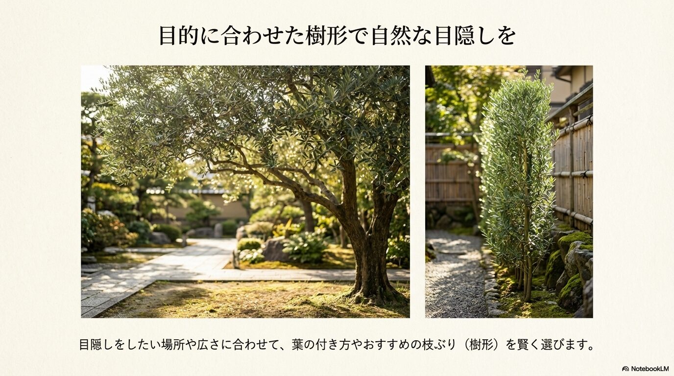 庭の広さや目隠しの用途に合わせて選べる、オリーブの開張型と直立型の樹形の比較