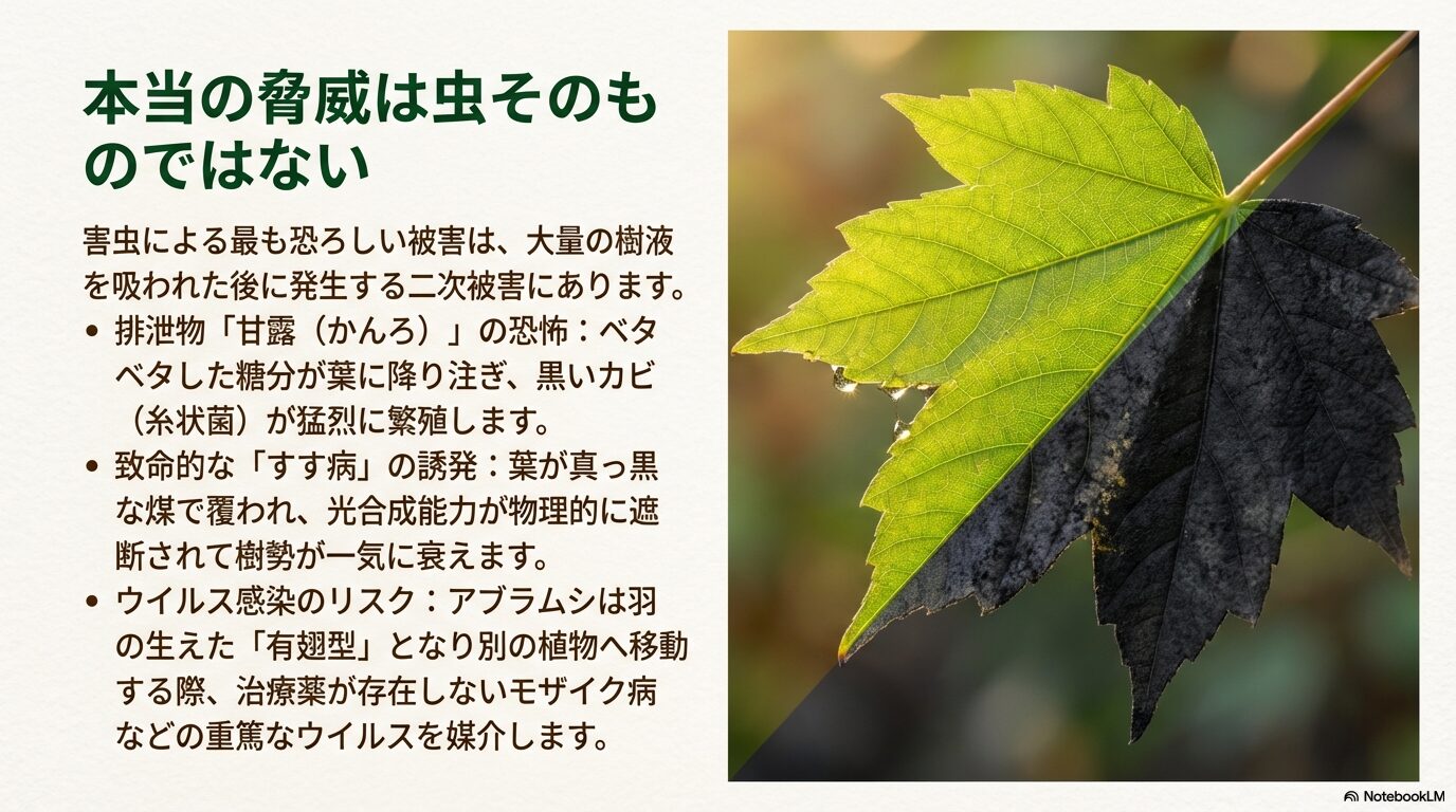 すす病で黒く変色した葉と健康な葉の比較