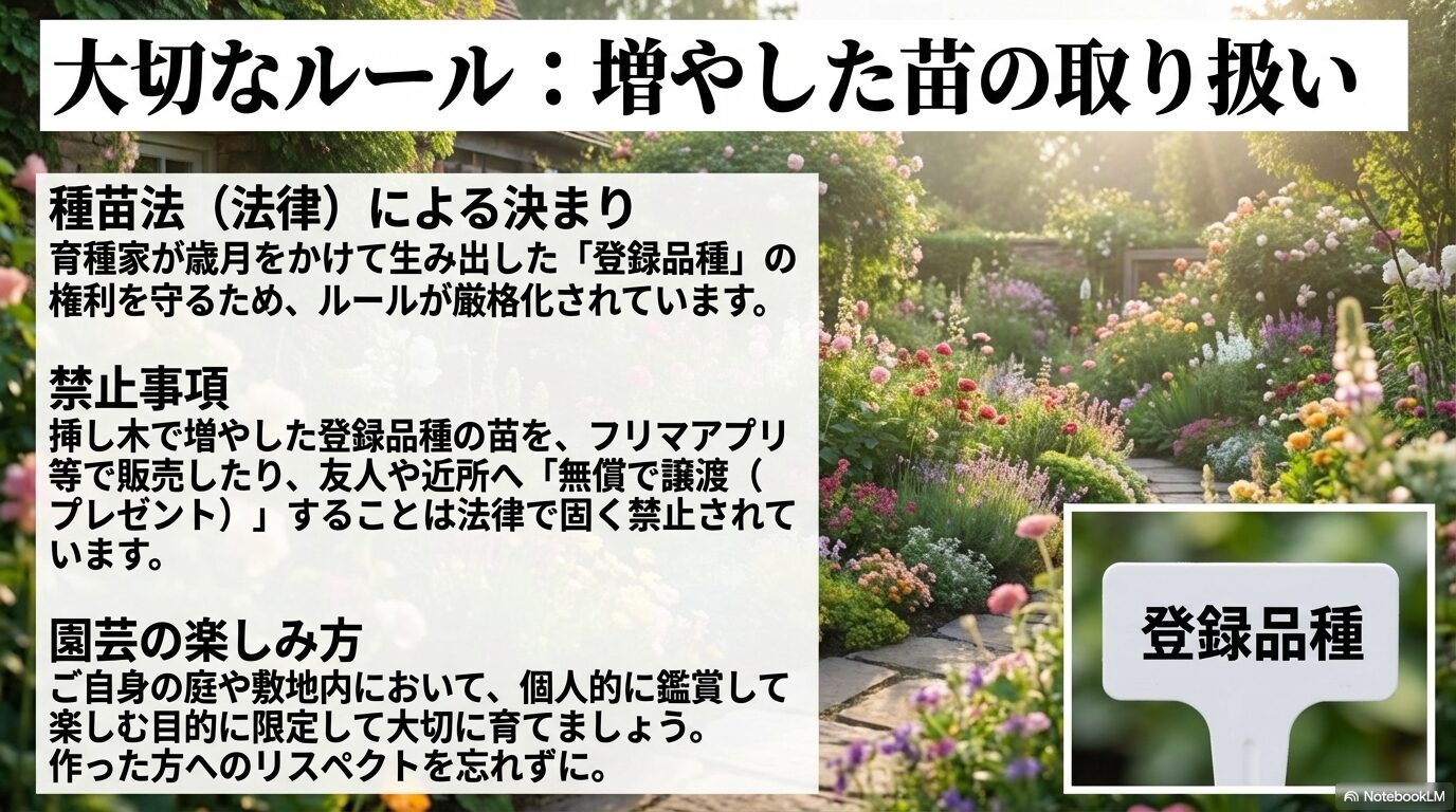 挿し木で増やした登録品種の苗を販売・譲渡することは種苗法で禁止されており、自宅で個人的に楽しむ目的のみに限定されるという注意喚起