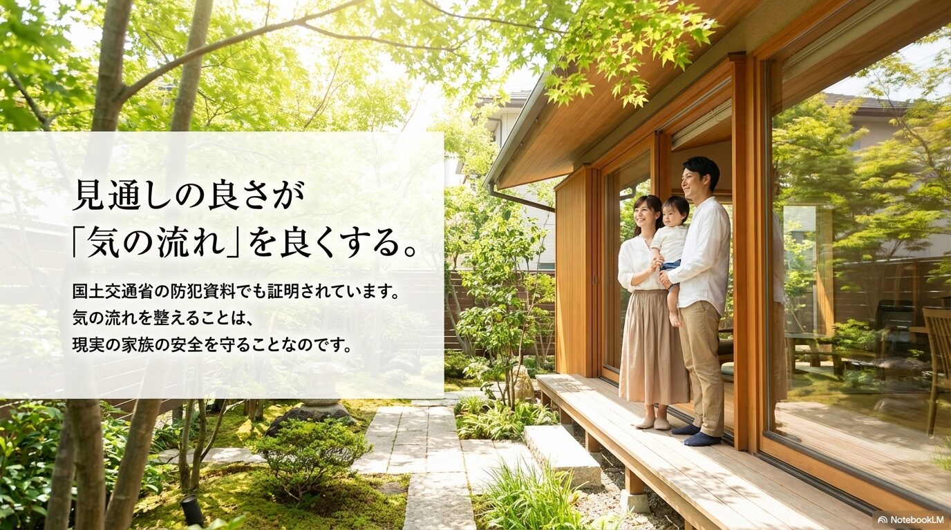 木の剪定による見通しの良さが、気の流れを良くし実際の防犯対策に直結するという解説。
