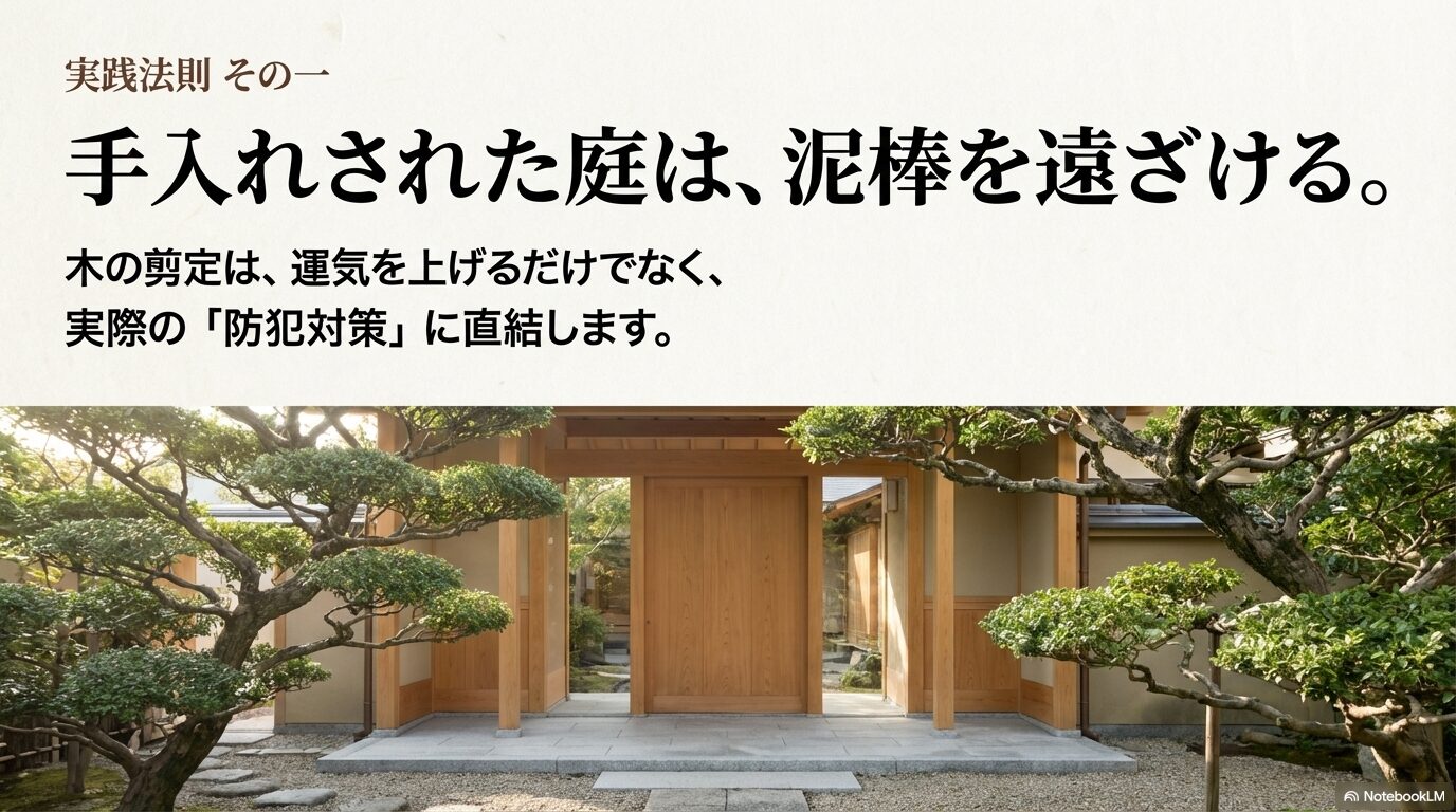実践法則その一。手入れされた庭や木の剪定は防犯対策に直結し泥棒を遠ざける。