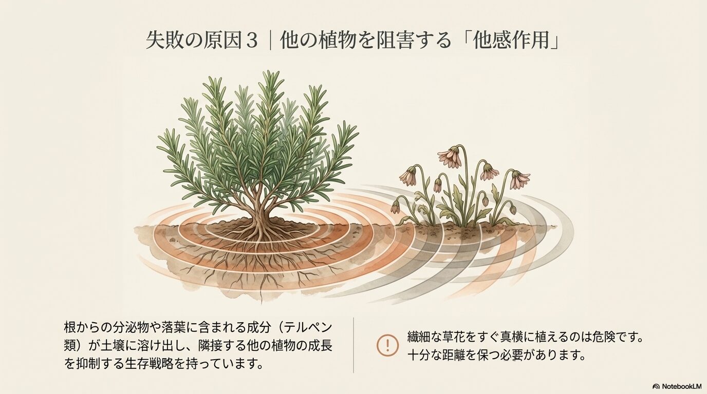 ローズマリーの根や落葉からの成分が他の植物の成長を阻害する他感作用(アレロパシー)
