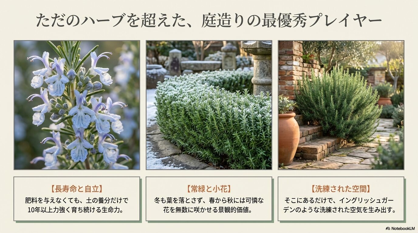 ローズマリーの長寿命、常緑の美しさ、洗練された景観的価値
