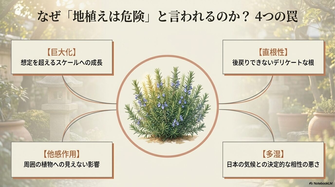 ローズマリーの地植えが危険と言われる4つの理由(巨大化、他感作用、直根性、多湿)