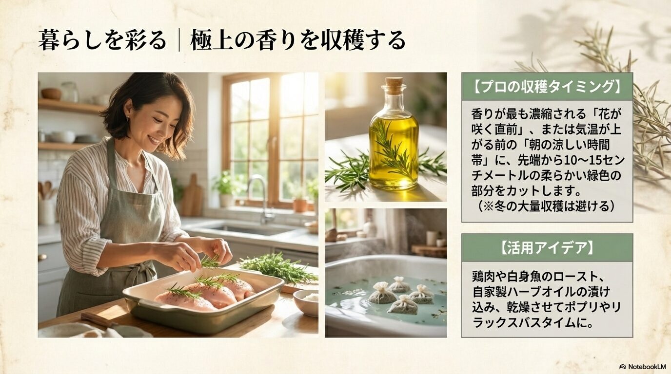 ローズマリーの香りが濃い朝の収穫と、お肉のローストなどの料理への活用法