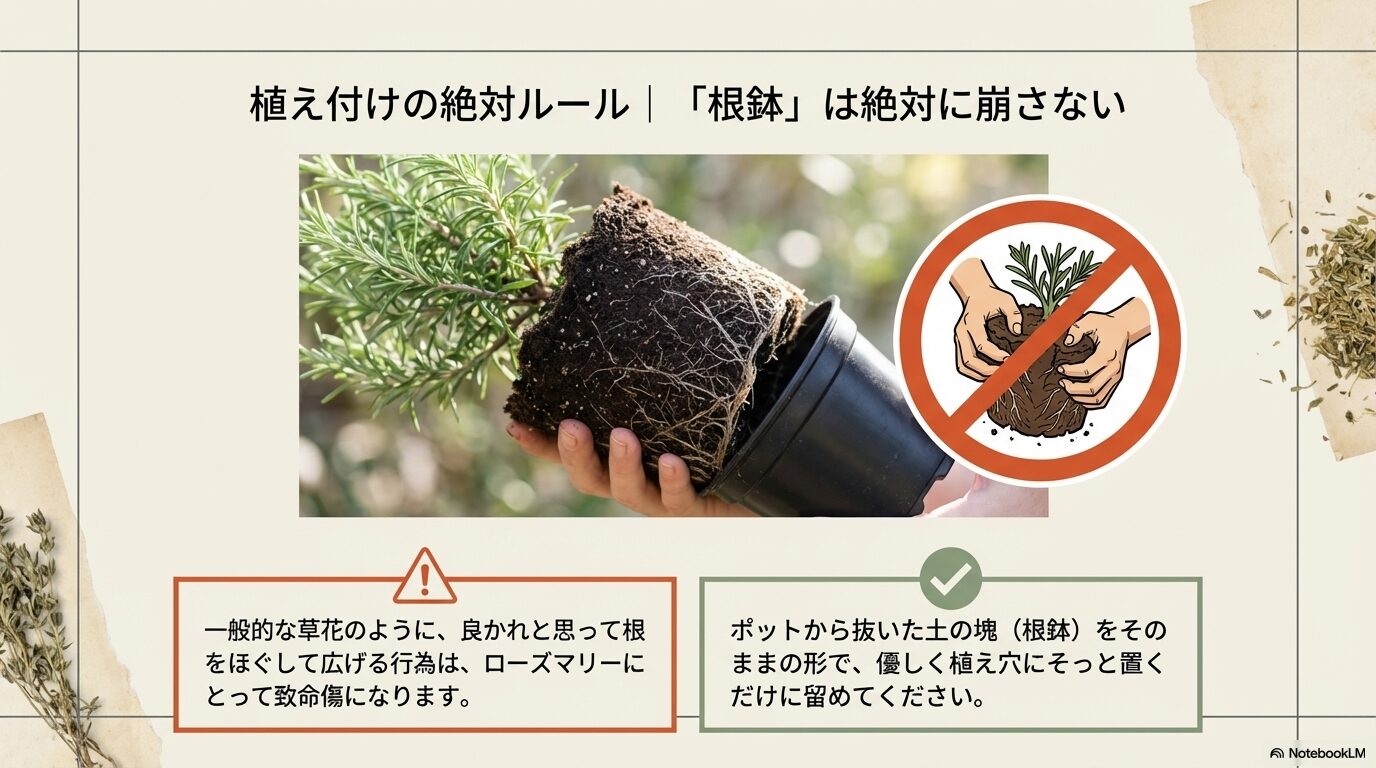 ローズマリーを植え付ける際、根鉢を絶対に崩してはいけないという注意喚起