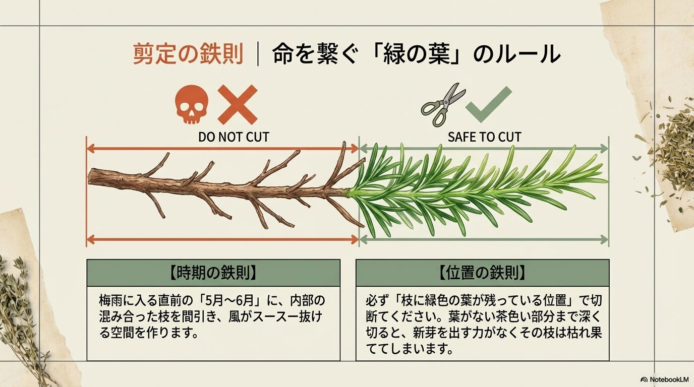 緑の葉が残る位置で切る、ローズマリーの正しい剪定位置の図解