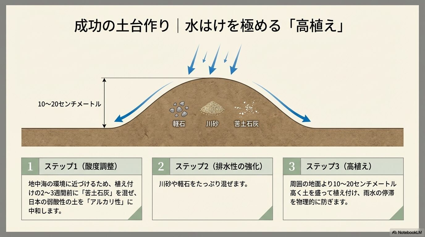 軽石や川砂、苦土石灰を用いた水はけを良くするための高植えの図解