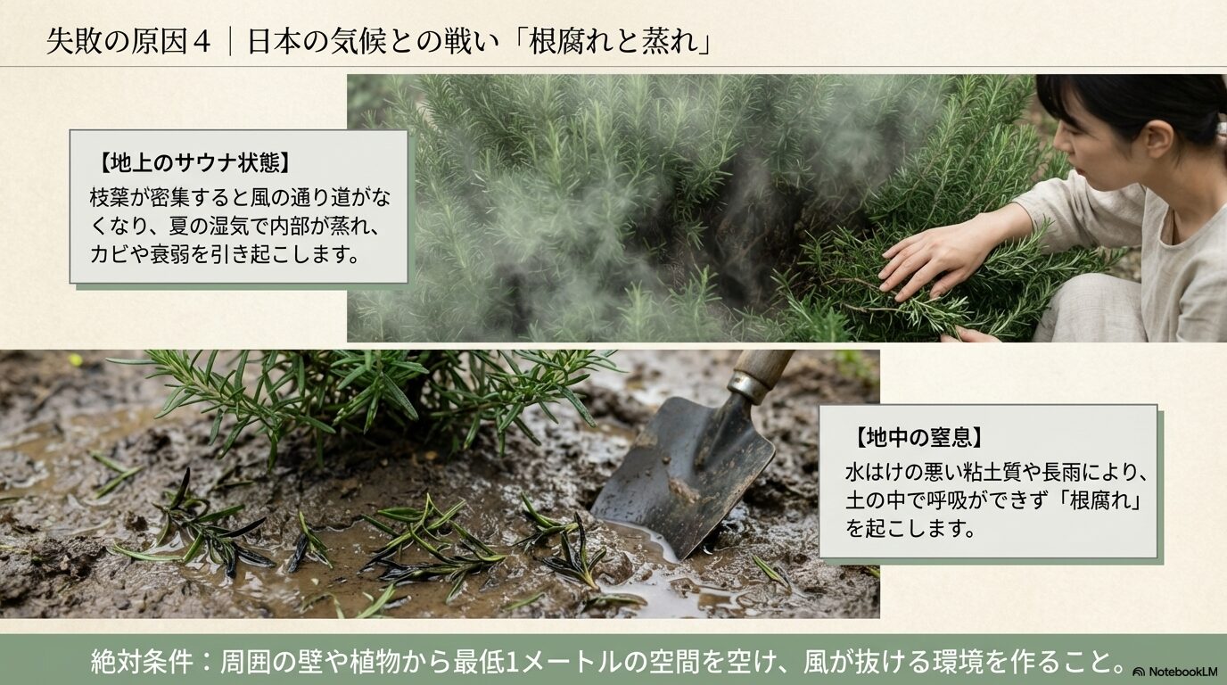 日本の高温多湿な気候でローズマリーが陥りやすい地上の蒸れと地中の根腐れ