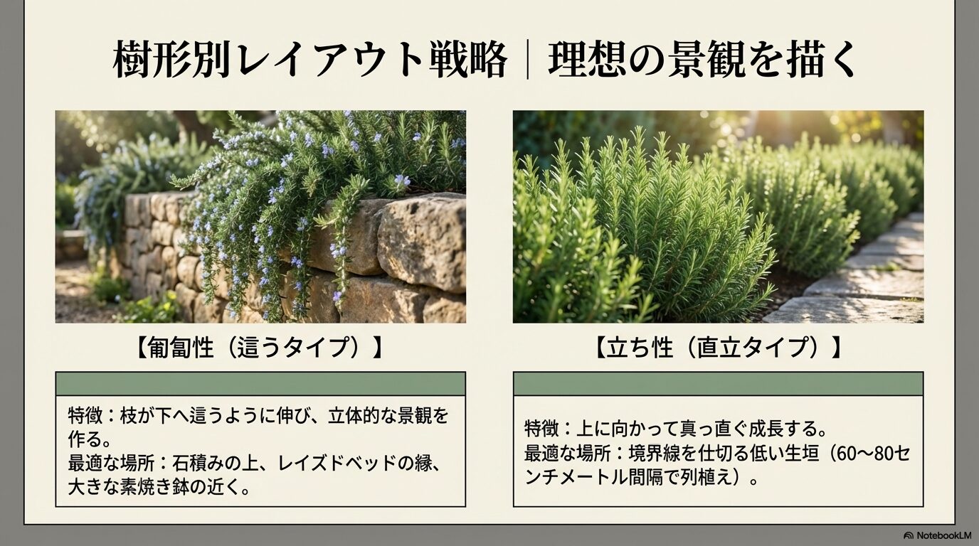 匍匐性や立ち性などローズマリーの樹形に合わせた庭のレイアウト例