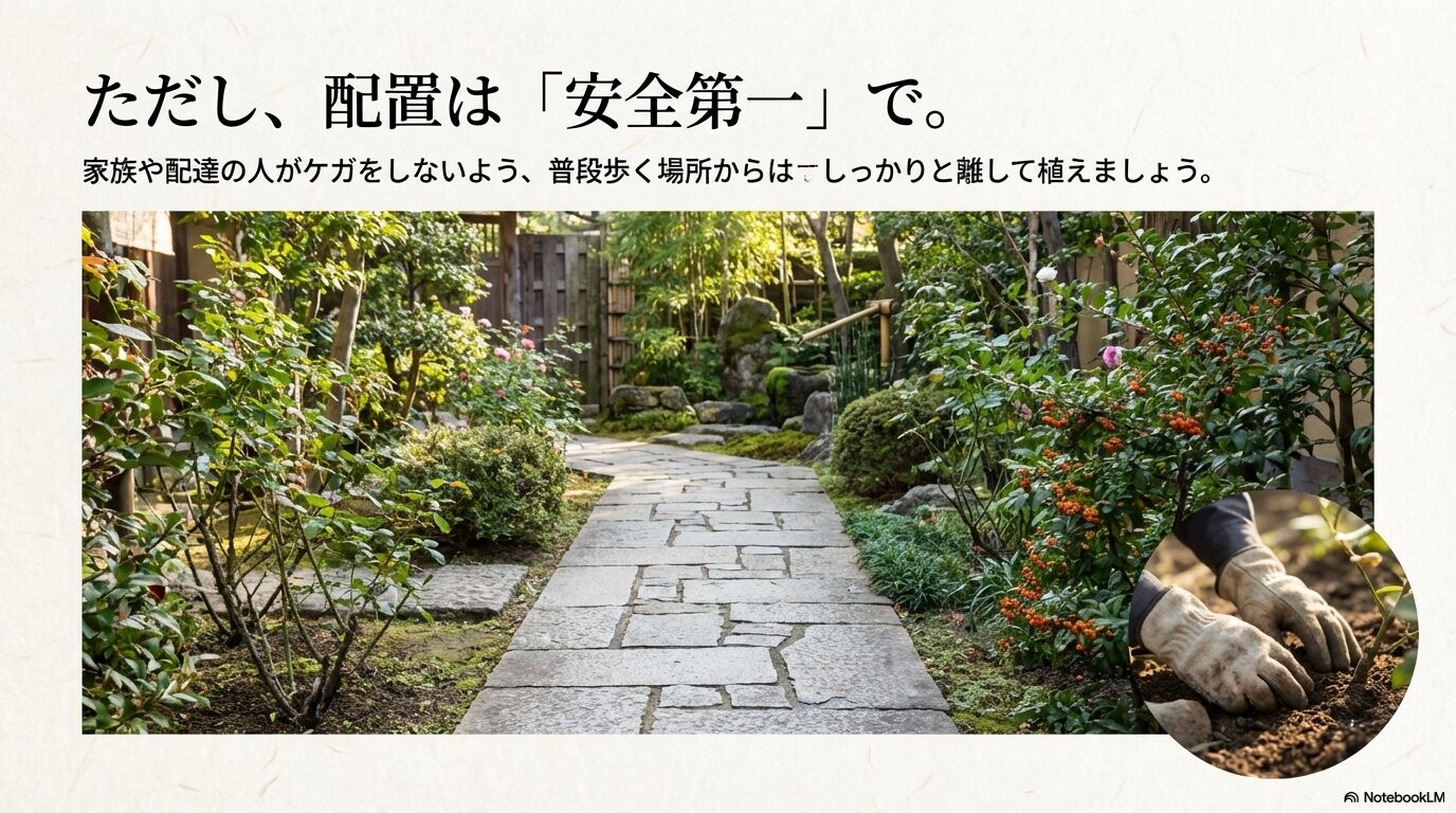 トゲのある植物の配置は安全第一で。家族や配達の人がケガをしないよう普段歩く場所から離して植える。