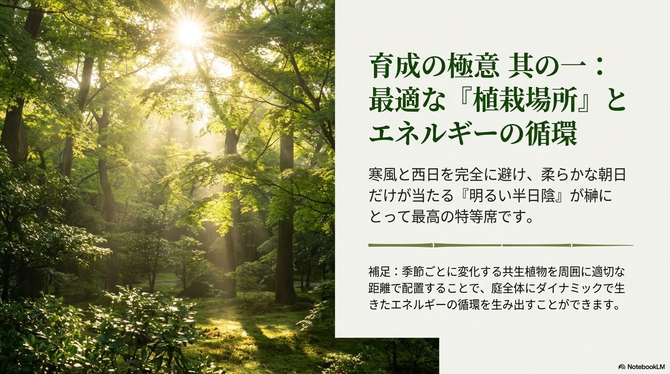 榊の生育に最適な、寒風と強烈な西日を避けた柔らかな朝日が当たる明るい半日陰の庭