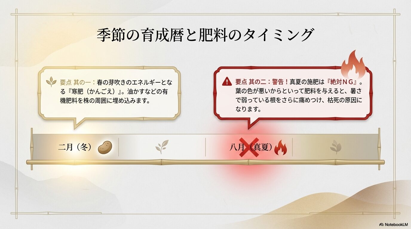 榊の季節ごとの育成暦と、春の寒肥（有機肥料）および真夏の施肥NGを示すタイミング図