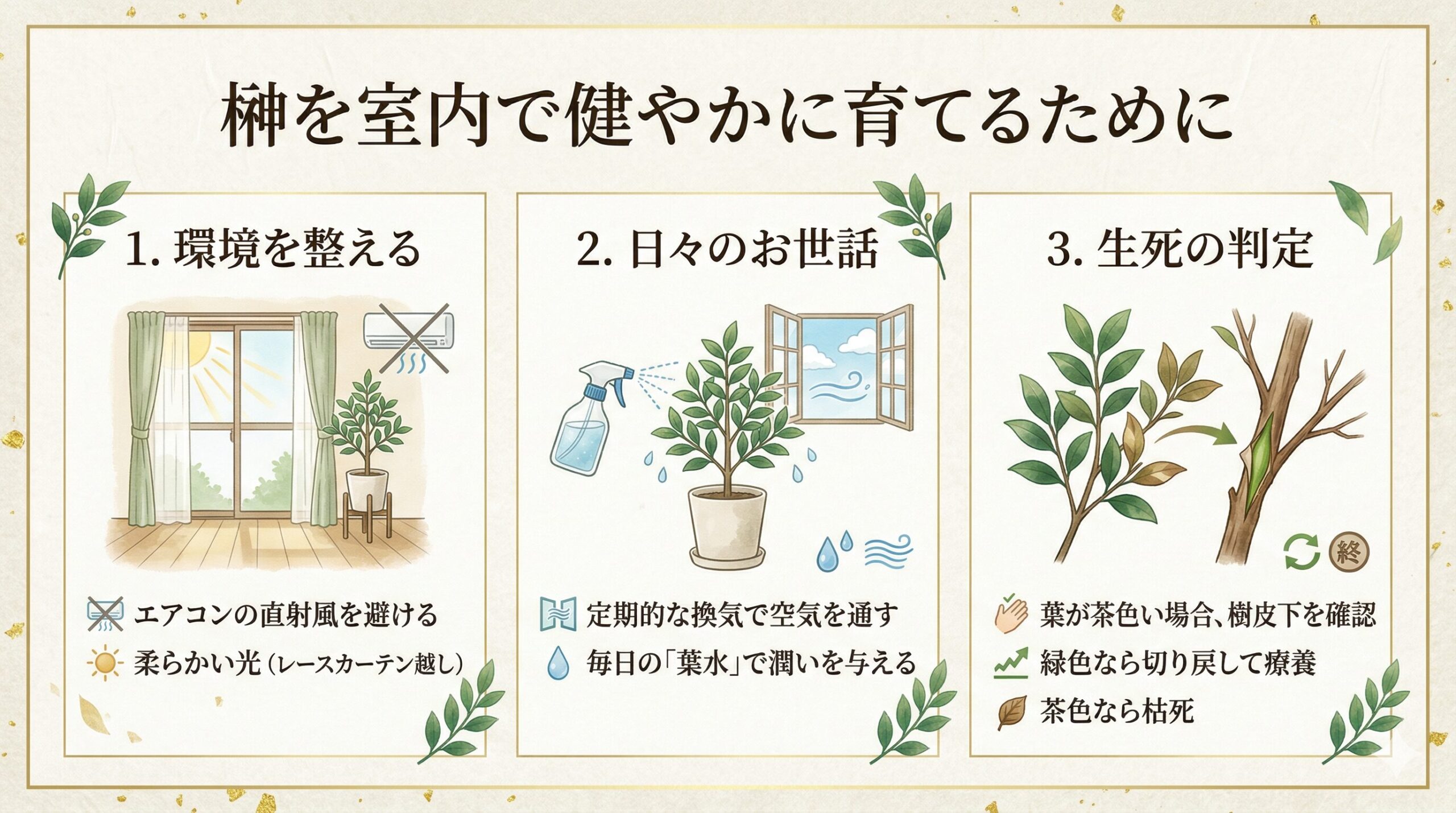 室内で榊を健やかに育てるための3つのポイント（環境づくり、日々のお世話、生死判定）を解説する、和風で気品のあるスライド画像。エアコンの風や乾燥を避け、葉水を行う方法を図解している。