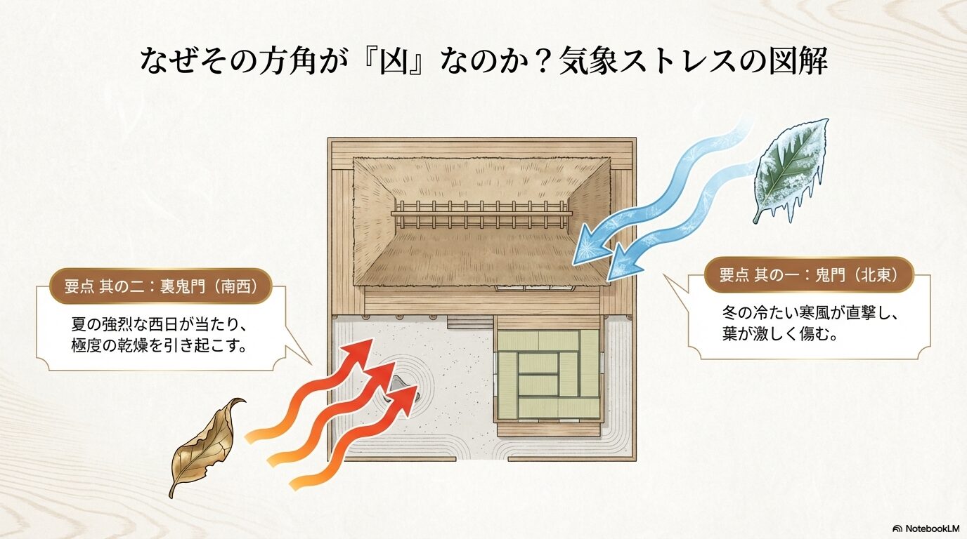 榊を鬼門（北風）や裏鬼門（西日）に植えてはいけない理由を図解した気象ストレスの解説