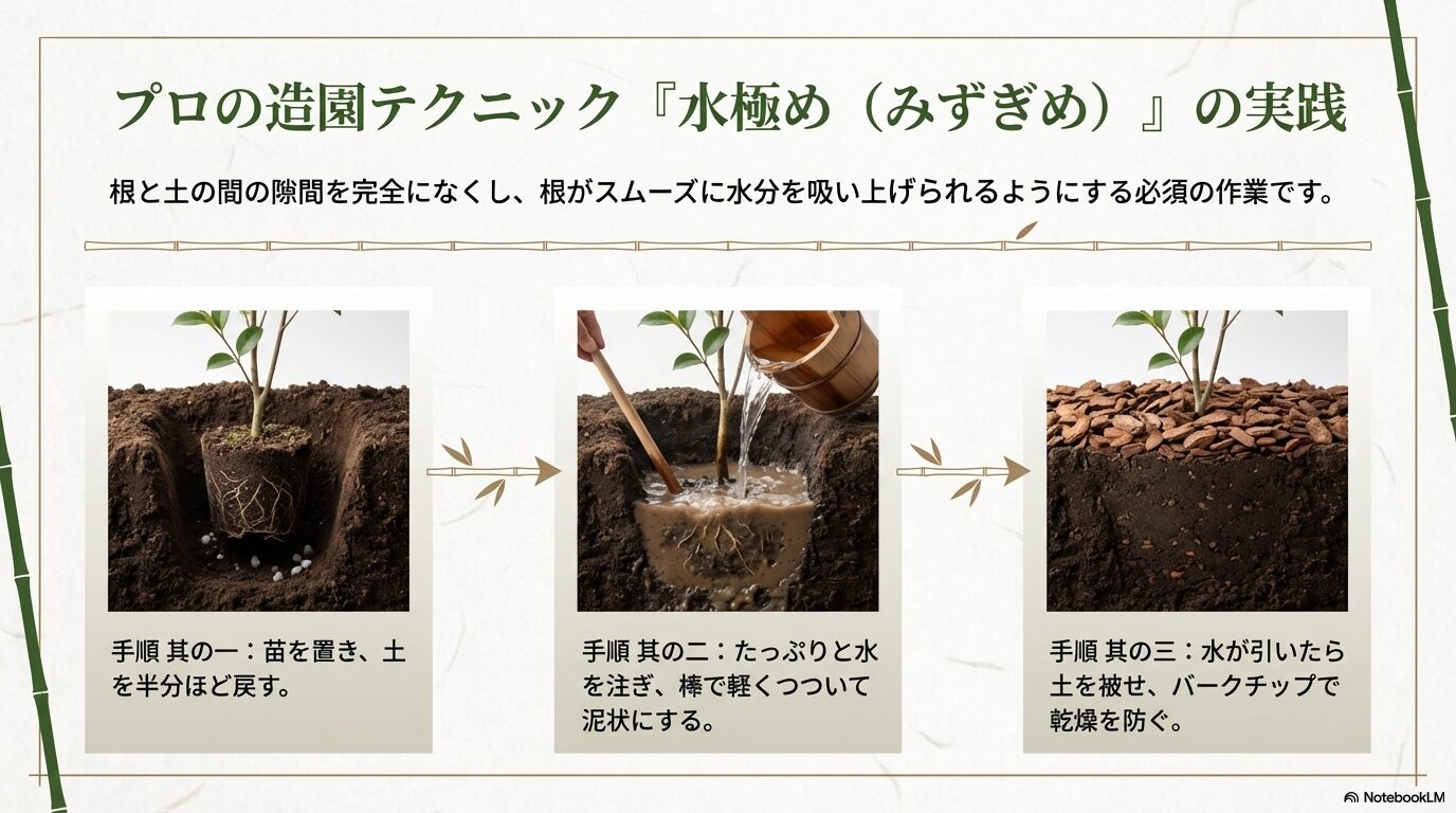 榊の苗を植え付ける際のプロの造園テクニック「水極め」の3つの手順（土戻し、注水、マルチング）