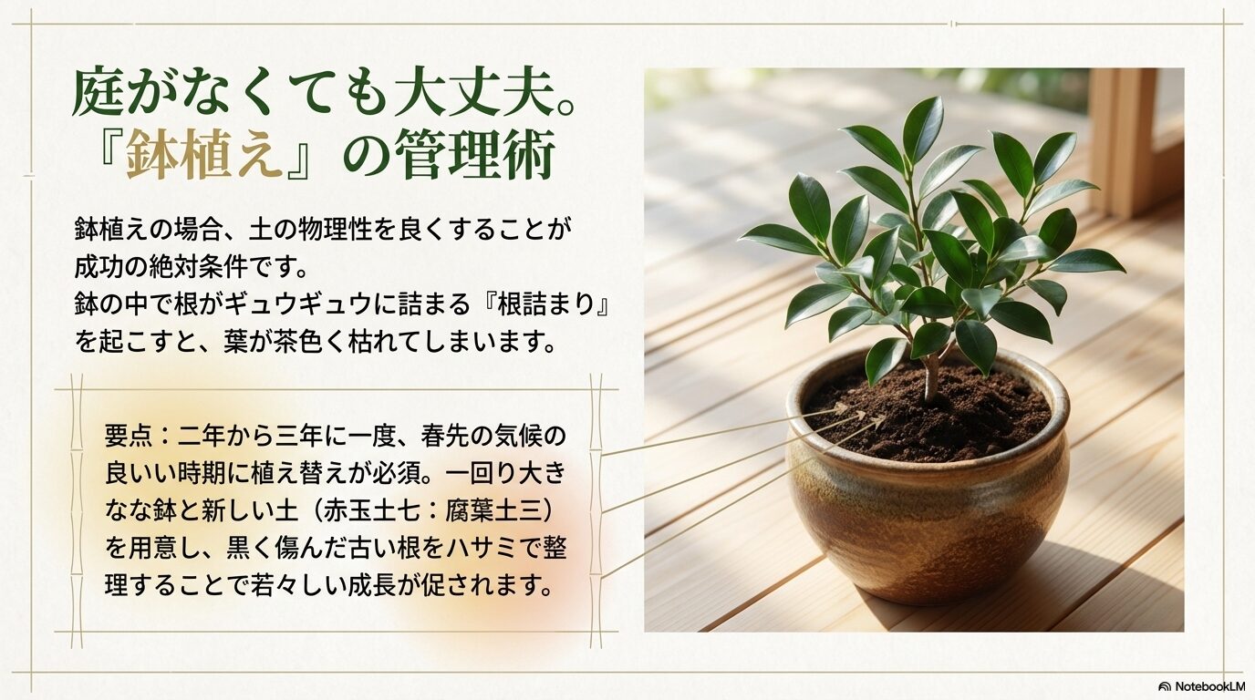 鉢植えの榊における根詰まり防止と2〜3年に一度の春先の植え替えの重要性