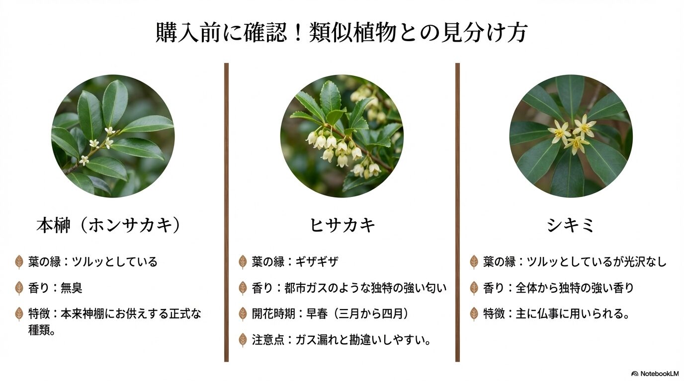 本榊、ヒサカキ、猛毒を持つシキミの葉の縁、香り、花の特徴と見分け方