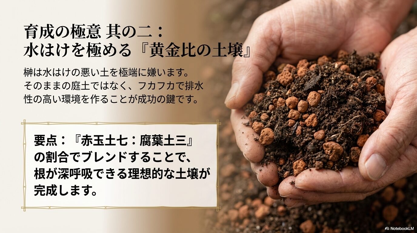 榊の根が深呼吸できる理想的な土壌環境を作るための黄金比「赤玉土7：腐葉土3」の解説 