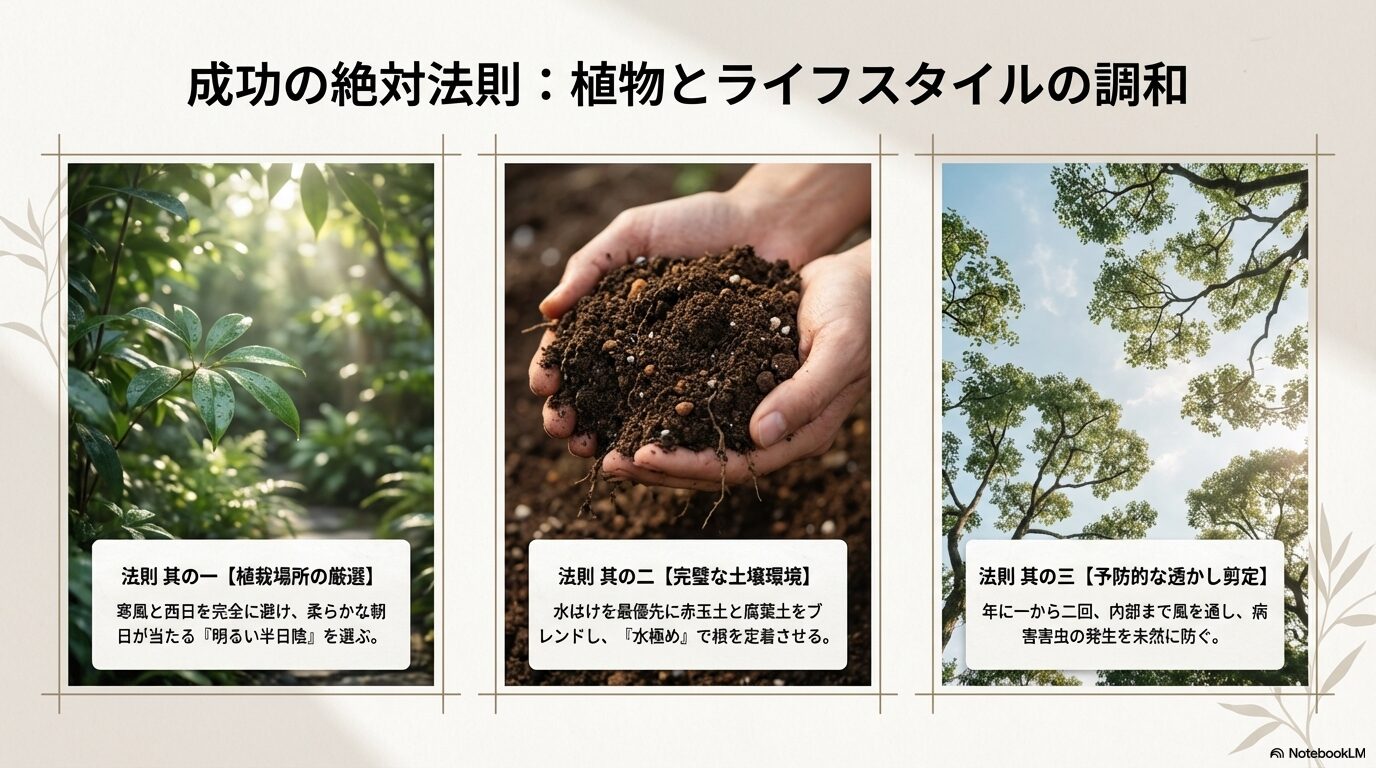植栽場所の厳選、完璧な土壌環境、予防的な透かし剪定という、榊育成における3つの絶対法則