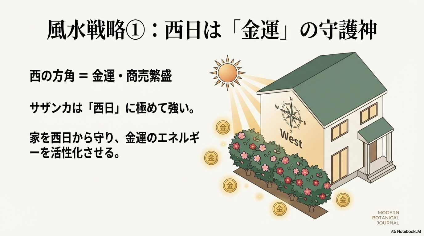 山茶花を西の方角に植えることで西日から家を守り、金運を活性化させる風水戦略の画像
