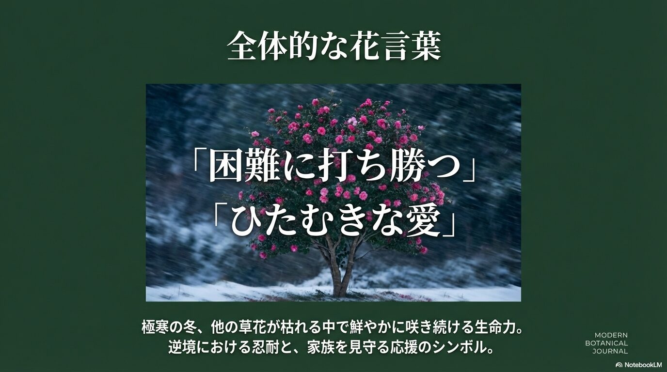 山茶花(サザンカ)の全体的な花言葉である「困難に打ち勝つ」「ひたむきな愛」を示す画像