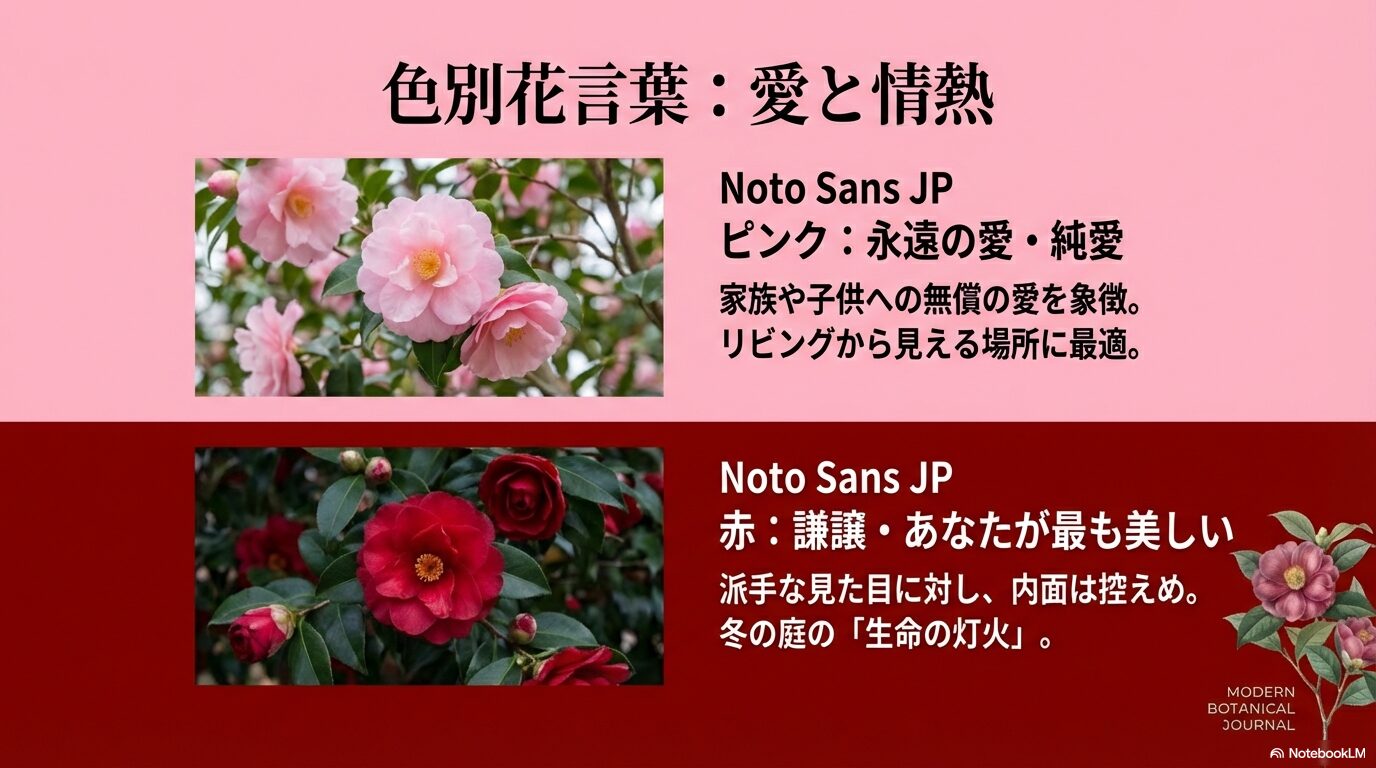 ピンク色と赤色の山茶花(サザンカ)の花言葉(永遠の愛・謙譲など)を解説した画像