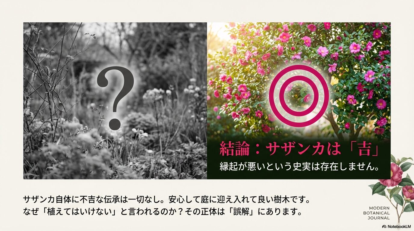 結論としてサザンカは吉であり、縁起が悪いという史実は存在しないことを示す画像