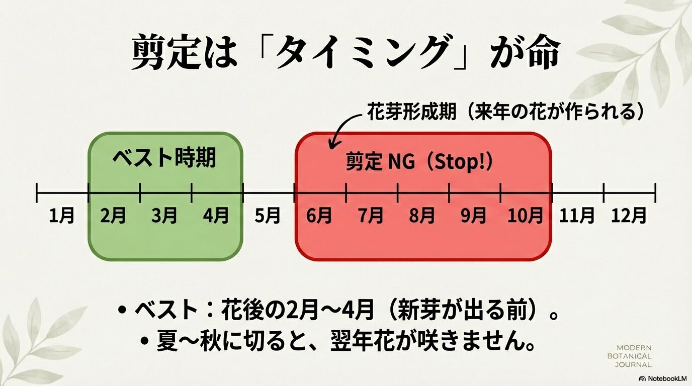 サザンカの剪定ベスト時期(2月〜4月)と、花芽形成期である剪定NG時期を視覚化したカレンダー画像