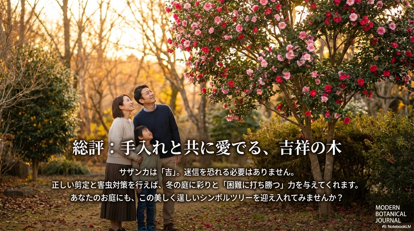 サザンカは吉であり、正しい手入れを行うことで「困難に打ち勝つ」力を与えてくれるという総評の画像