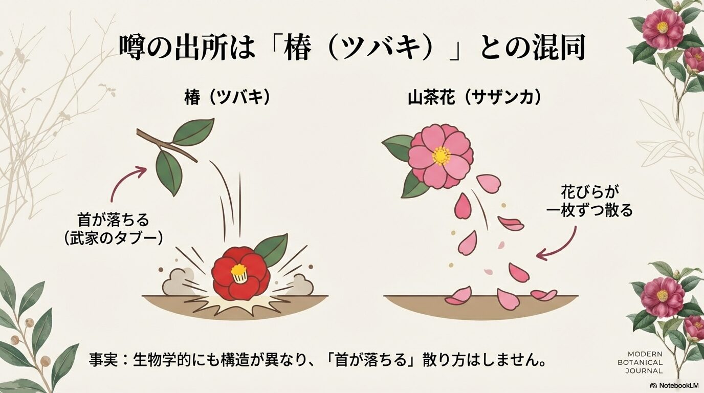 山茶花の縁起が悪いという噂の出所が、椿の散り方(首が落ちる)との混同であることを解説した画像