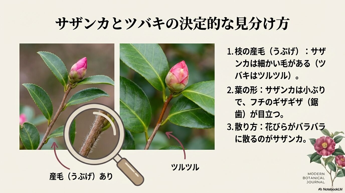 サザンカとツバキの決定的な見分け方として、枝の産毛の有無や葉の形を比較した画像