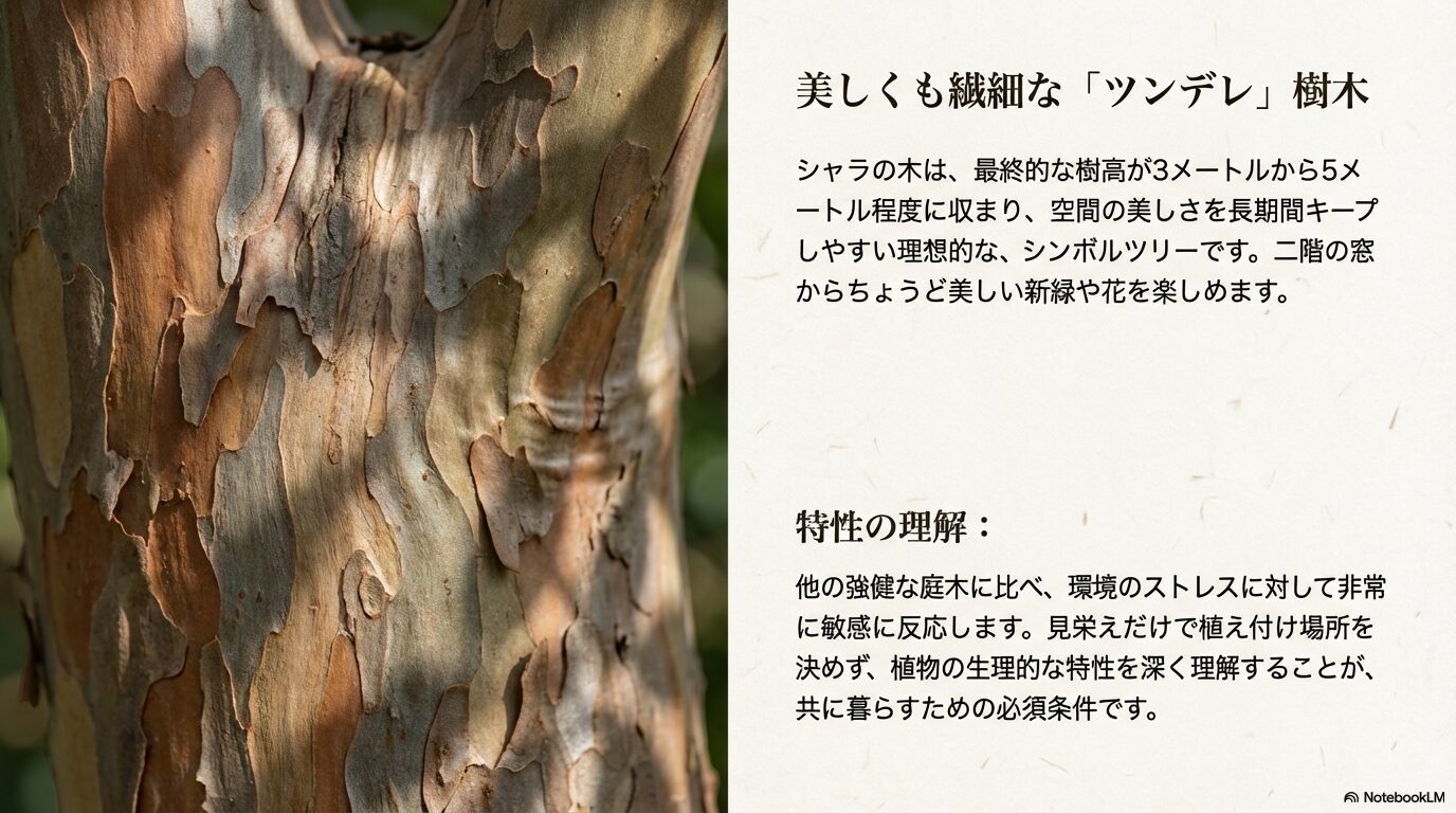 美しくも繊細なツンデレ樹木であるシャラの木の赤褐色の幹肌